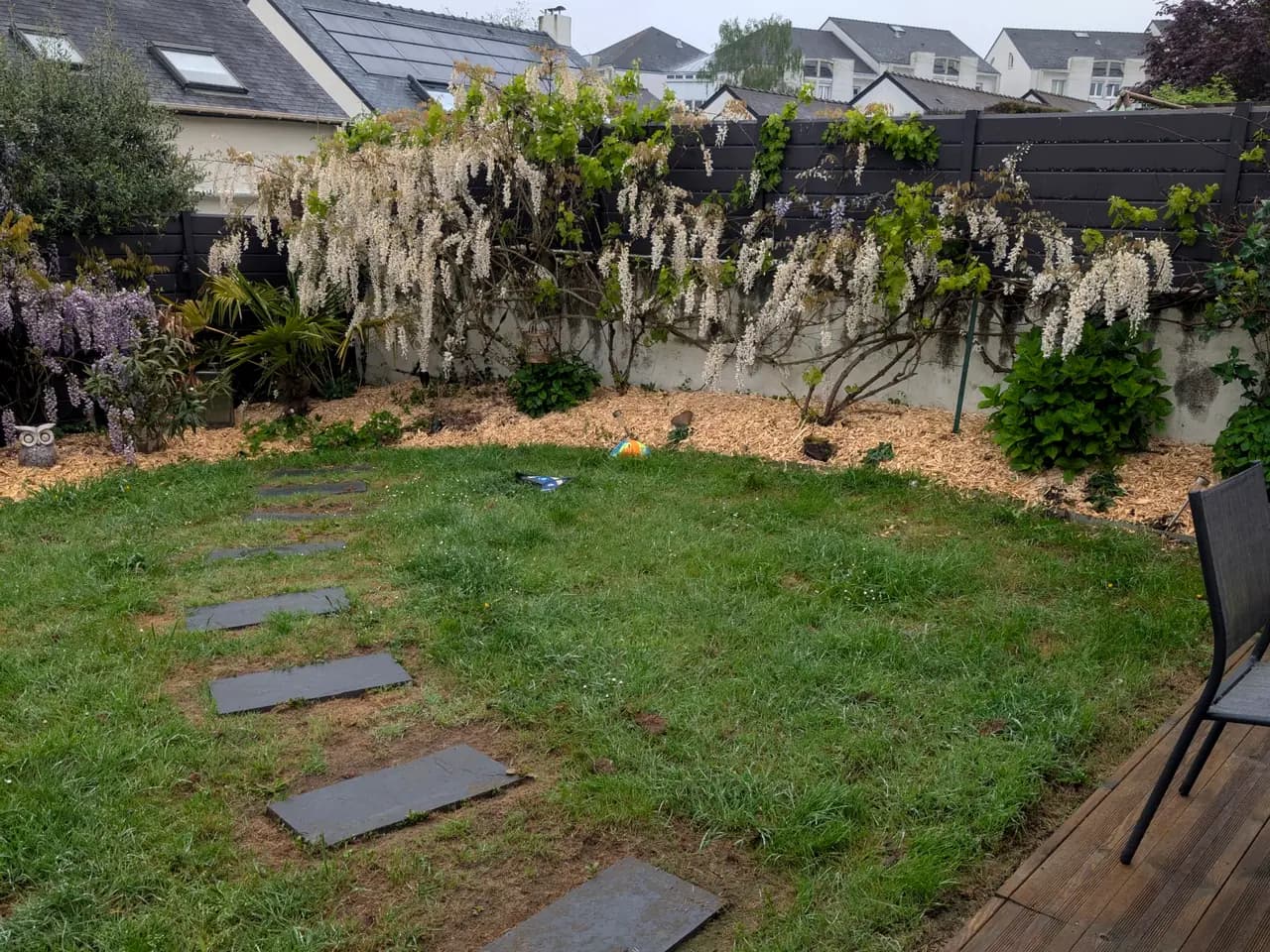 Jardin entretenu à Saint-Julien-de-Concelles : glycine en fleurs, pelouse et pas japonais