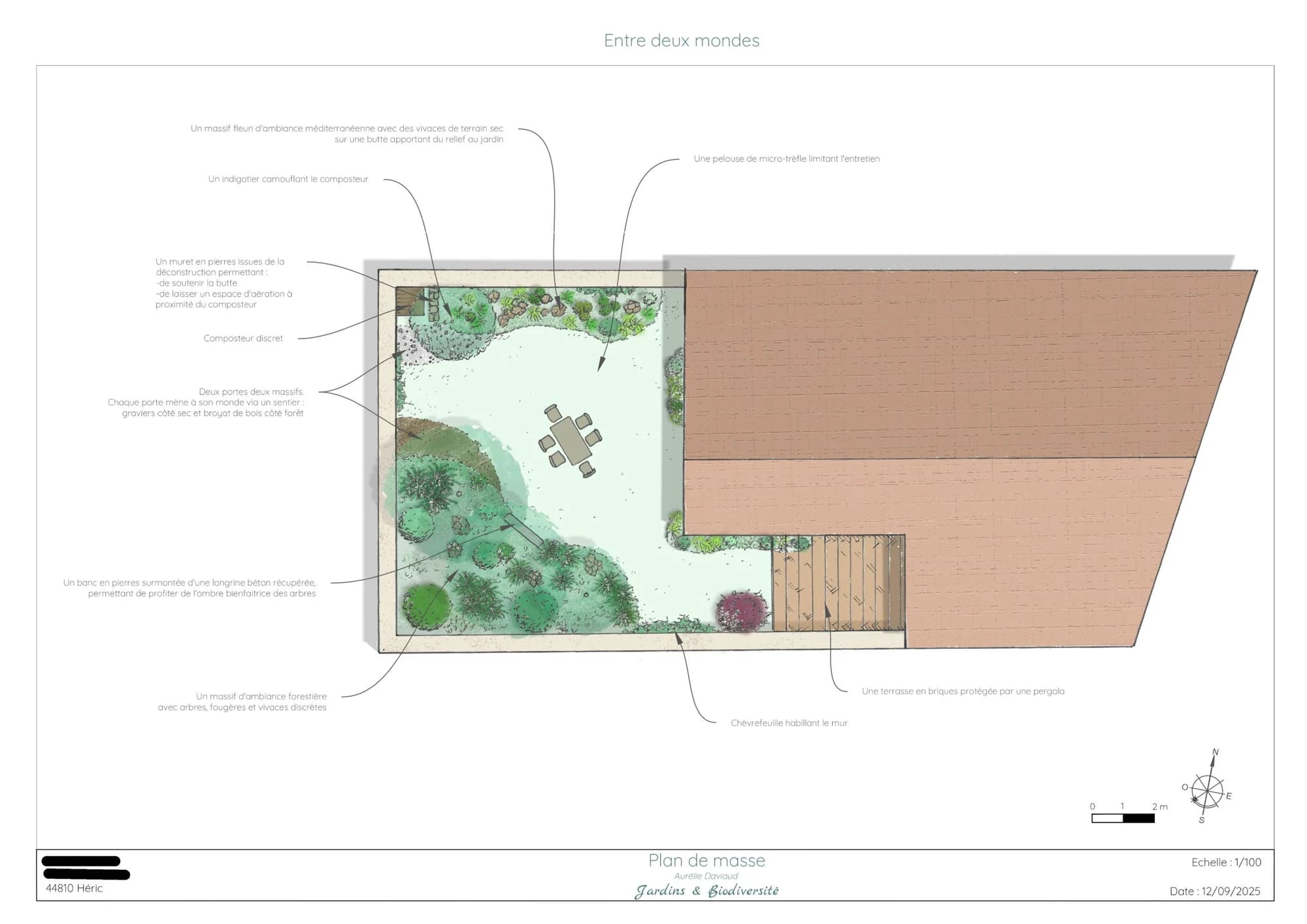 Plan de masse d’un jardin écologique avec pelouse de micro-trèfle, massif sec et massif forestier